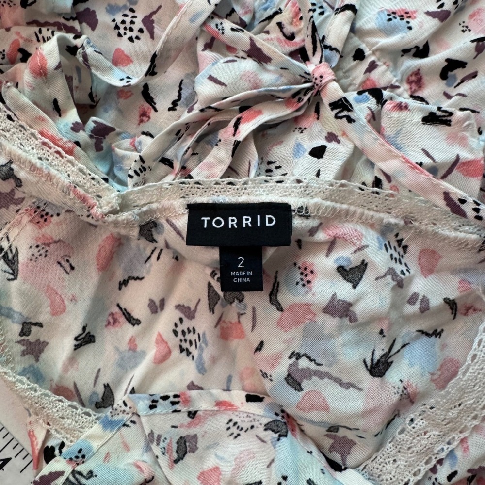 Abstract Print Y2K Ruffle Lace Trim Babydoll Empire Waist Top Pink 2 - Picture 11 of 14